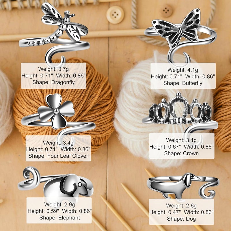 Hotlea Store 6 PCS Crochet Tension Ring Cat Crown Butterfly Elephant Sunflower Adjustable Yarn Rings Tools Crochet Accessories Gifts for Crochet Lovers - Image 4
